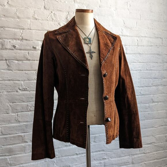 Y2K Brown Suede Leather Jacket Boho Western Minimalist Rust Biker Cowgirl Blazer - Picture 6 of 10